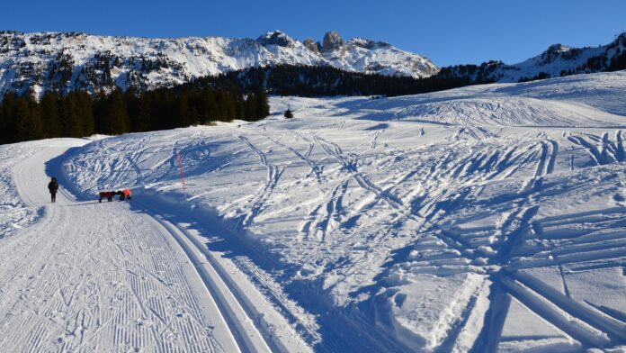 Sciatori sulle piste di Madonna di Campiglio tra le Dolomiti di Brenta
